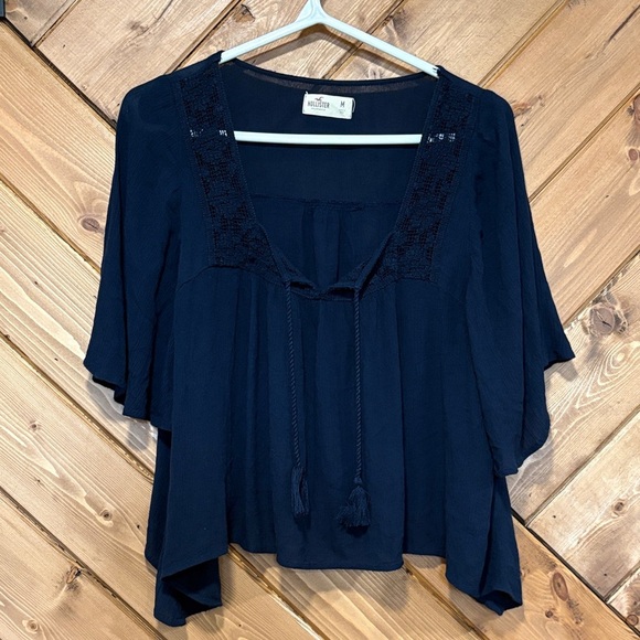 Hollister Tops - Y2K Hollister Dark Blue Blouse with Tassel & Lace Detail
